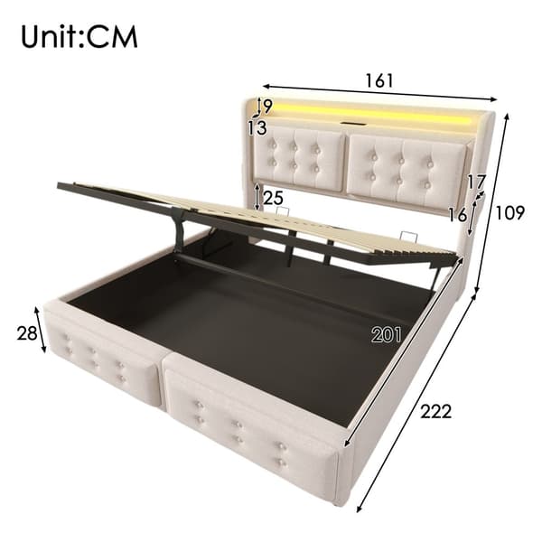 Sänky 160x200 - hydraulinen säilytystila, LED-sängynpääty, USB-C, puiset säleet, metallirunko - beige puuvilla