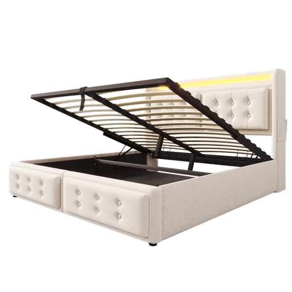 Sänky 160x200 - hydraulinen säilytystila, LED-sängynpääty, USB-C, puiset säleet, metallirunko - beige puuvilla