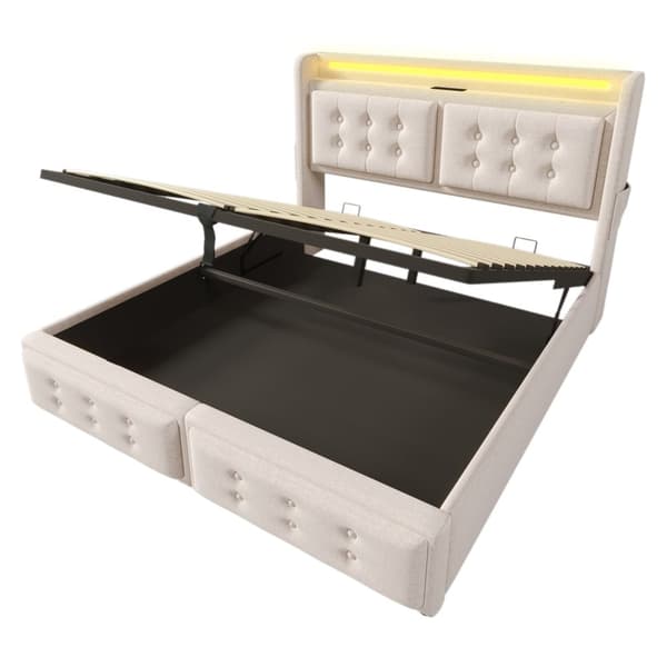 Sänky 160x200 - hydraulinen säilytystila, LED-sängynpääty, USB-C, puiset säleet, metallirunko - beige puuvilla