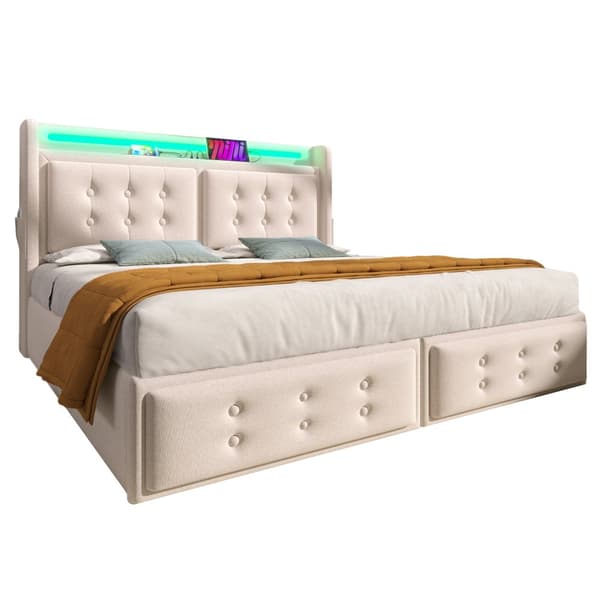 Sänky 160x200 - hydraulinen säilytystila, LED-sängynpääty, USB-C, puiset säleet, metallirunko - beige puuvilla