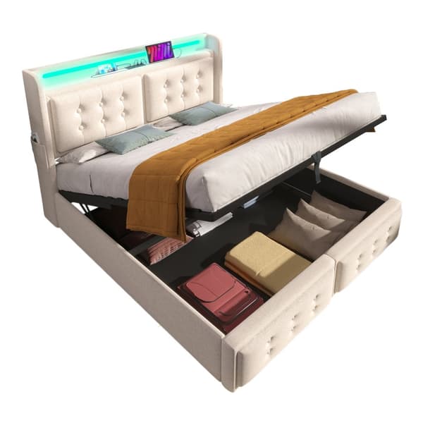 Sänky 160x200 - hydraulinen säilytystila, LED-sängynpääty, USB-C, puiset säleet, metallirunko - beige puuvilla