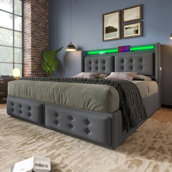 Sänky 160x200 - hydraulinen säilytystila, LED-sängynpääty, USB-C, puinen sälepohja, metallirunko - harmaa puuvilla