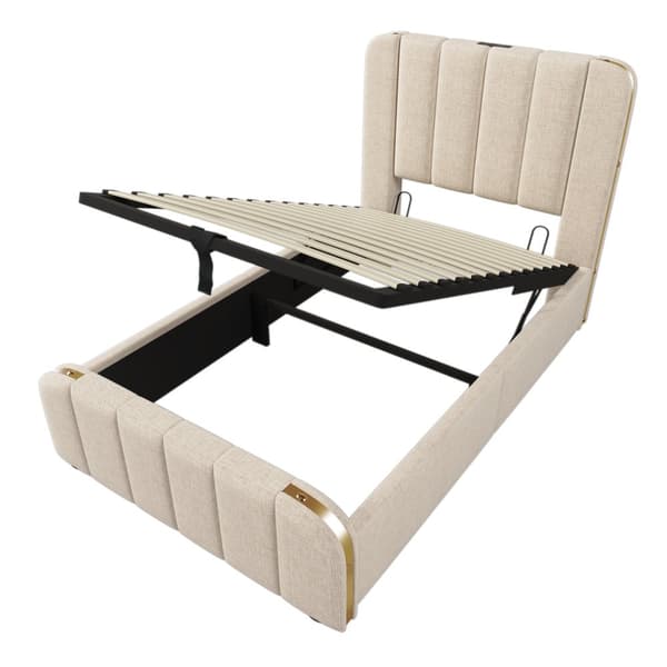 Sänky 90x200 - pehmustettu sängynpääty kultaisilla yksityiskohdilla, USB-C-lataus, hydraulinen säilytys - beige liinavaatteet patjalla