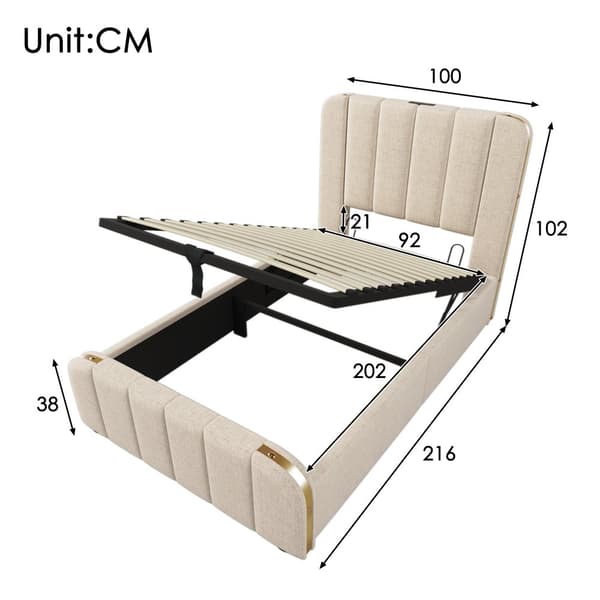 Sänky 90x200 - pehmustettu sängynpääty kultaisilla yksityiskohdilla, USB-C-lataus, hydraulinen säilytys - beige liinavaatteet patjalla