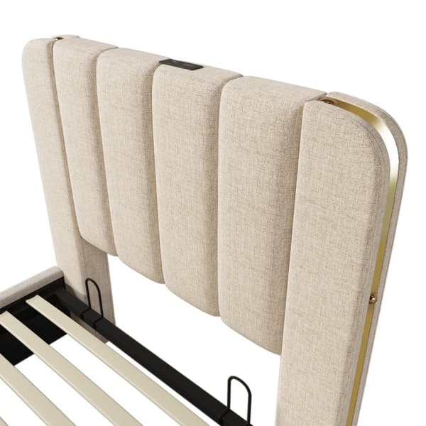 Sänky 90x200 - pehmustettu sängynpääty kultaisilla yksityiskohdilla, USB-C-lataus, hydraulinen säilytys - beige liinavaatteet patjalla