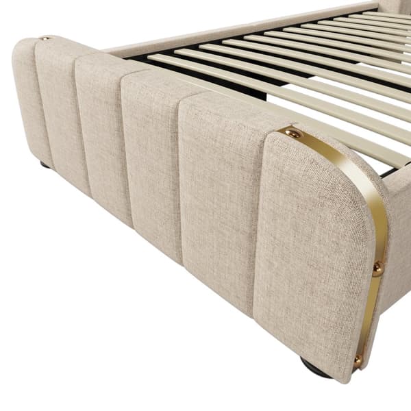 Sänky 90x200 - pehmustettu sängynpääty kultaisilla yksityiskohdilla, USB-C-lataus, hydraulinen säilytys - beige liinavaatteet patjalla
