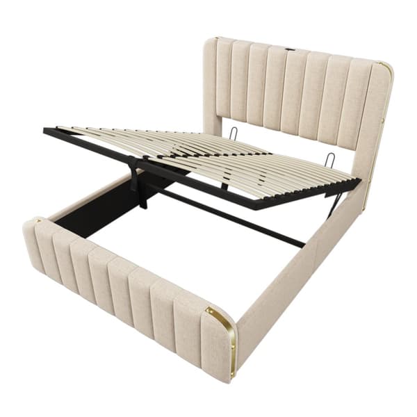 Sänky 140x200 - pehmustettu sängynpääty kultaisilla yksityiskohdilla, USB-C-lataus, hydraulinen säilytys - beige liinavaatteet patjalla