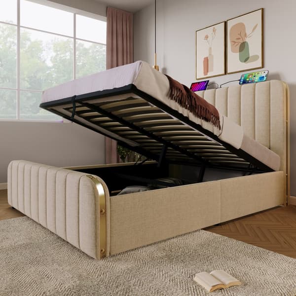 Seng 160x200 - polstret sengegavl med gulddetaljer, USB-C opladning, hydraulisk opbevaring - beige linned med madras