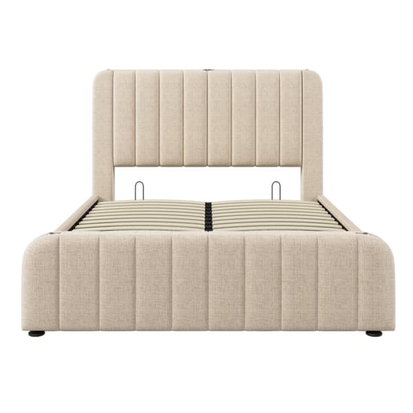 Seng 160x200 - polstret sengegavl med gulddetaljer, USB-C opladning, hydraulisk opbevaring - beige linned med madras
