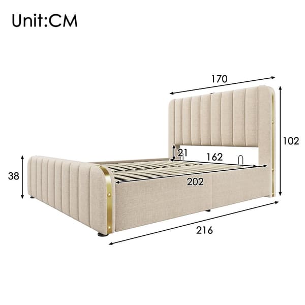 Seng 160x200 - polstret sengegavl med gulddetaljer, USB-C opladning, hydraulisk opbevaring - beige linned med madras