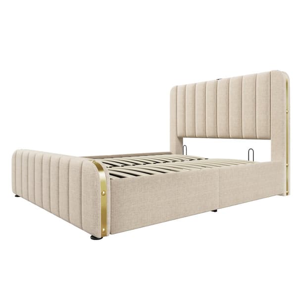 Seng 160x200 - polstret sengegavl med gulddetaljer, USB-C opladning, hydraulisk opbevaring - beige linned med madras
