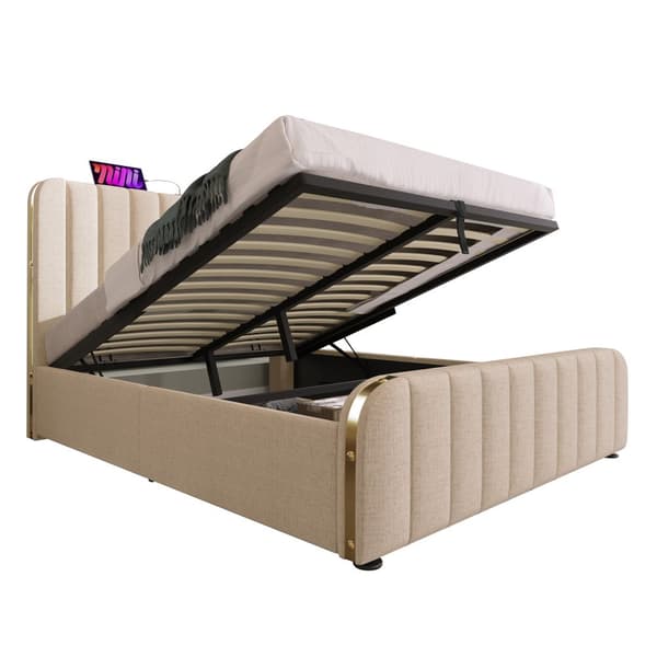 Seng 160x200 - polstret sengegavl med gulddetaljer, USB-C opladning, hydraulisk opbevaring - beige linned med madras
