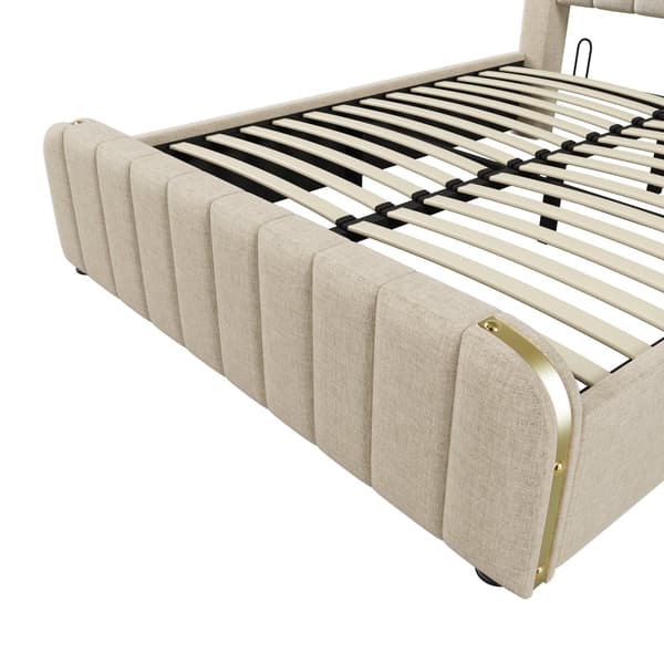 Seng 160x200 - polstret sengegavl med gulddetaljer, USB-C opladning, hydraulisk opbevaring - beige linned med madras