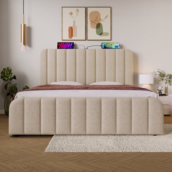 Seng 160x200 - polstret sengegavl med gulddetaljer, USB-C opladning, hydraulisk opbevaring - beige linned med madras
