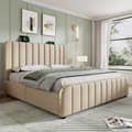 Miniatyrbillede 3 af 10: Seng 140x200 - polstret sengegavl med gulddetaljer, USB-C opladning, 4 skuffer, beige linned, med madras