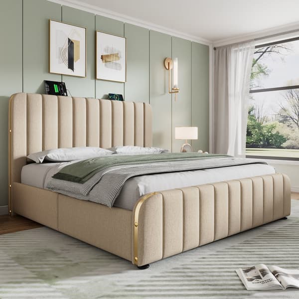 Seng 140x200 - polstret sengegavl med gulddetaljer, USB-C opladning, 4 skuffer, beige linned, med madras
