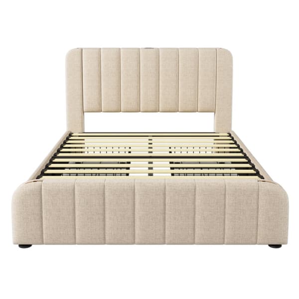 Seng 140x200 - polstret sengegavl med gulddetaljer, USB-C opladning, 4 skuffer, beige linned, med madras