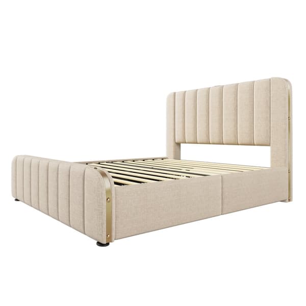 Seng 140x200 - polstret sengegavl med gulddetaljer, USB-C opladning, 4 skuffer, beige linned, med madras