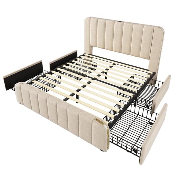 Seng 140x200 - polstret sengegavl med gulddetaljer, USB-C opladning, 4 skuffer, beige linned, med madras