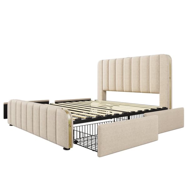 Seng 140x200 - polstret sengegavl med gulddetaljer, USB-C opladning, 4 skuffer, beige linned, med madras