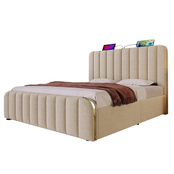 Seng 140x200 - polstret sengegavl med gulddetaljer, USB-C opladning, 4 skuffer, beige linned, med madras