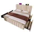 Miniatyrbillede 10 af 10: Seng 140x200 - polstret sengegavl med gulddetaljer, USB-C opladning, 4 skuffer, beige linned, med madras