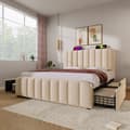 Miniatyrbillede 2 af 10: Seng 140x200 - polstret sengegavl med gulddetaljer, USB-C opladning, 4 skuffer, beige linned, med madras