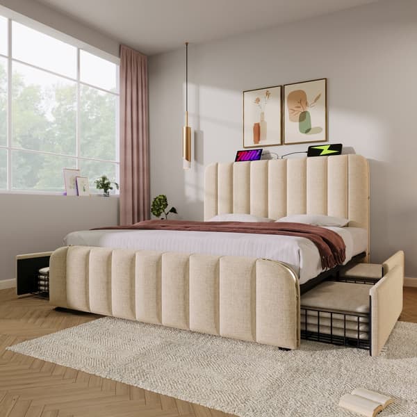 Seng 140x200 - polstret sengegavl med gulddetaljer, USB-C opladning, 4 skuffer, beige linned, med madras