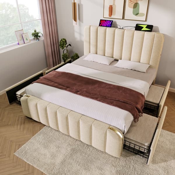 Sänky 140x200 - pehmustettu sängynpääty kultaisilla yksityiskohdilla, USB-C-lataus, 4 laatikkoa, beige pellava, patjalla