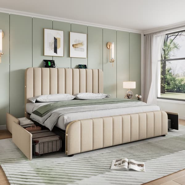 Seng 160x200 - polstret sengegavl med gulddetaljer, USB-C opladning, 4 skuffer, beige linned, med madras