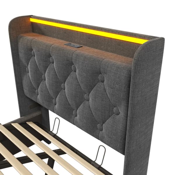 Seng 90x200 - LED 360° med app/fjernbetjening, USB-C opladning, hydraulisk opbevaring, gråt linned, med madras