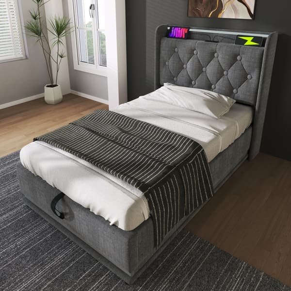 Seng 90x200 - LED 360° med app/fjernbetjening, USB-C opladning, hydraulisk opbevaring, gråt linned, med madras