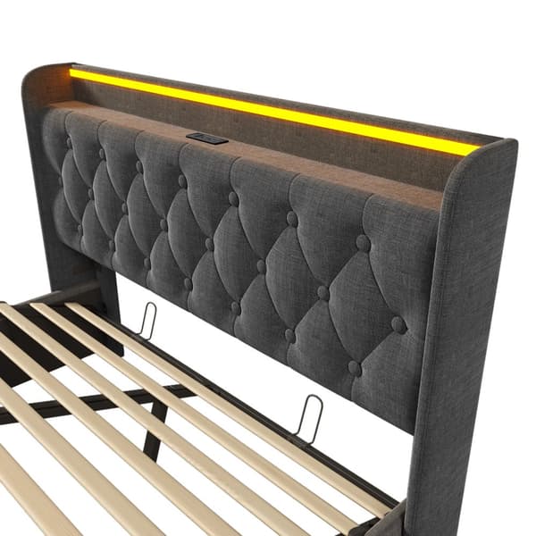 Sänky 160x200 - 360° LED sovelluksella/kaukosäätimellä, USB-C-lataus, hydraulinen säilytys, harmaat liinavaatteet, patjalla