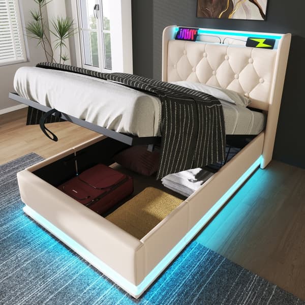 Yhden hengen sänky 90x200 cm LEDillä, USB-C ja säilytystila – valkoinen PU, pehmustettu sängynpääty, sovellus ja kaukosäädin, patjalla