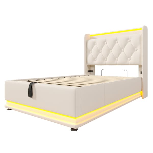 Yhden hengen sänky 90x200 cm LEDillä, USB-C ja säilytystila – valkoinen PU, pehmustettu sängynpääty, sovellus ja kaukosäädin, patjalla