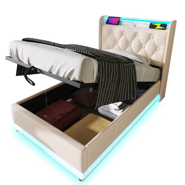 Yhden hengen sänky 90x200 cm LEDillä, USB-C ja säilytystila – valkoinen PU, pehmustettu sängynpääty, sovellus ja kaukosäädin, patjalla