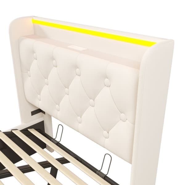 Yhden hengen sänky 90x200 cm LEDillä, USB-C ja säilytystila – valkoinen PU, pehmustettu sängynpääty, sovellus ja kaukosäädin, patjalla