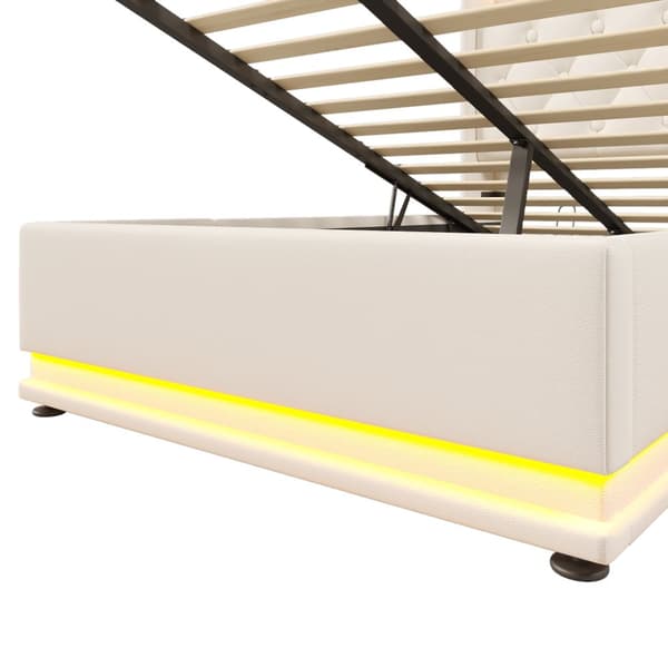 Yhden hengen sänky 90x200 cm LEDillä, USB-C ja säilytystila – valkoinen PU, pehmustettu sängynpääty, sovellus ja kaukosäädin, patjalla