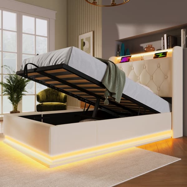 Yhden hengen sänky 90x200 cm LEDillä, USB-C ja säilytystila – valkoinen PU, pehmustettu sängynpääty, sovellus ja kaukosäädin, patjalla