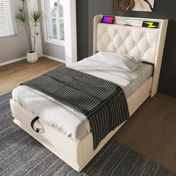 Yhden hengen sänky 90x200 cm LEDillä, USB-C ja säilytystila – valkoinen PU, pehmustettu sängynpääty, sovellus ja kaukosäädin, patjalla