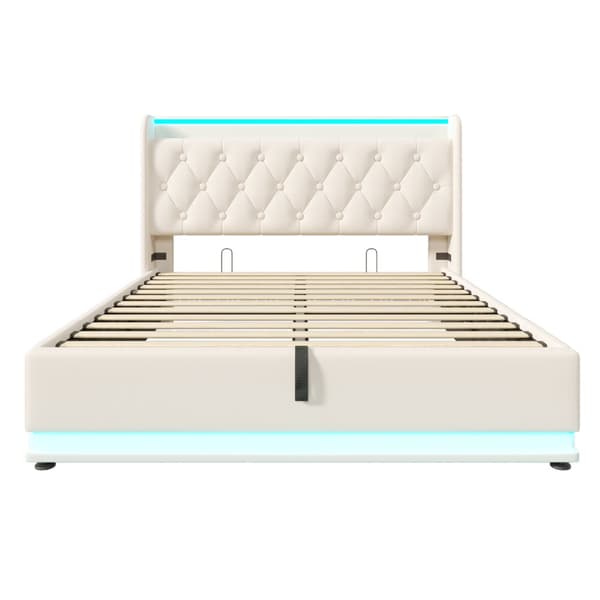 Dobbeltseng 140x200 cm i hvid PU med 360° LED, USB-C, opbevaring og madras – app og fjernstyret