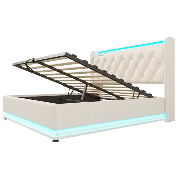 Dobbeltseng 140x200 cm i hvid PU med 360° LED, USB-C, opbevaring og madras – app og fjernstyret