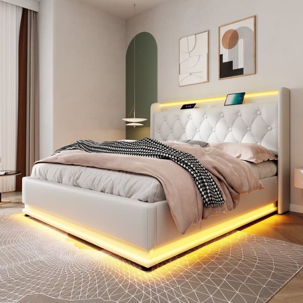 Parivuode 140x200 cm valkoinen PU 360° LEDillä, USB-C:llä, säilytystilalla ja patjalla – sovellus ja kauko-ohjattava