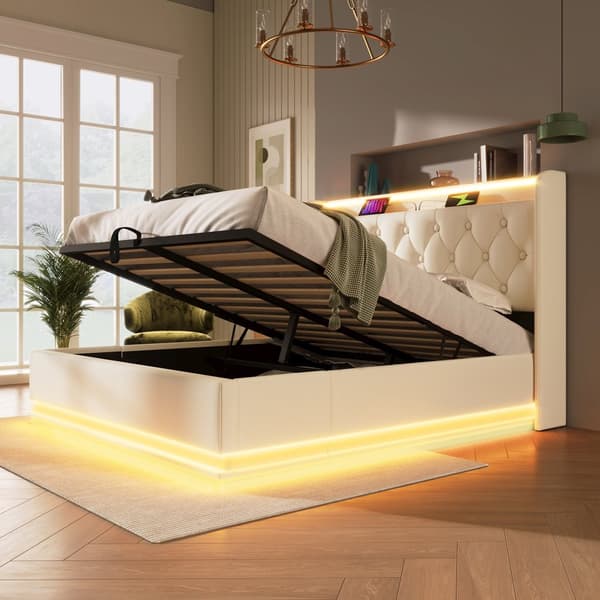 Parivuode 160x200 cm valkoinen PU 360° LEDillä, USB-C:llä, hydraulisella säilytystilalla ja patjalla – sovellus ja kaukosäädin