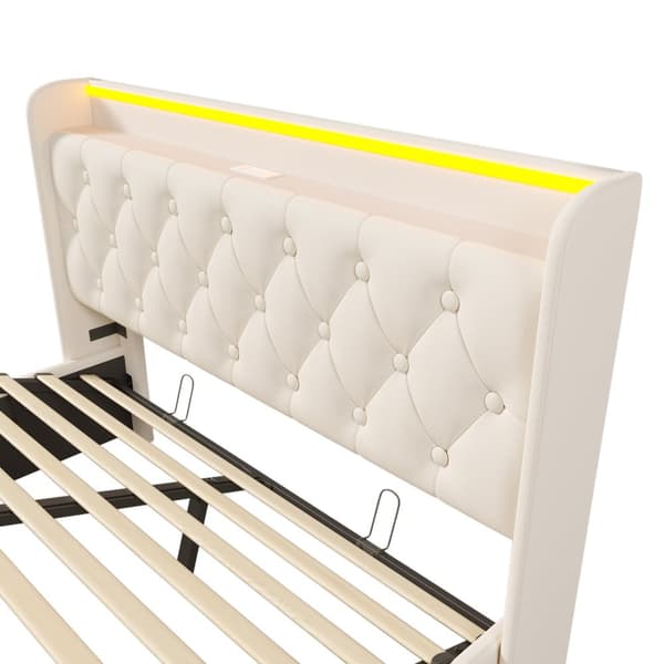 Parivuode 160x200 cm valkoinen PU 360° LEDillä, USB-C:llä, hydraulisella säilytystilalla ja patjalla – sovellus ja kaukosäädin