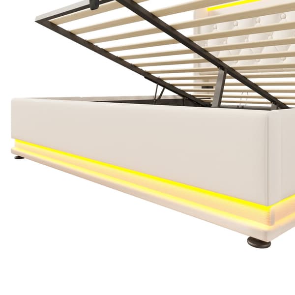 Parivuode 160x200 cm valkoinen PU 360° LEDillä, USB-C:llä, hydraulisella säilytystilalla ja patjalla – sovellus ja kaukosäädin