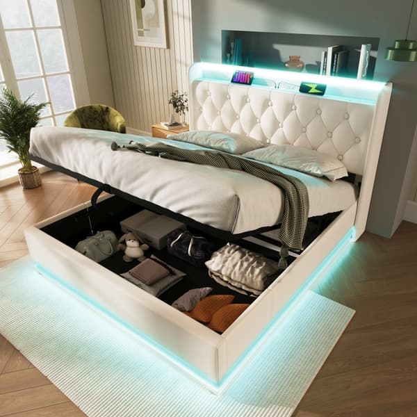 Parivuode 160x200 cm valkoinen PU 360° LEDillä, USB-C:llä, hydraulisella säilytystilalla ja patjalla – sovellus ja kaukosäädin