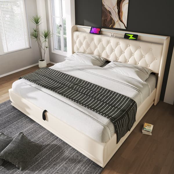 Parivuode 160x200 cm valkoinen PU 360° LEDillä, USB-C:llä, hydraulisella säilytystilalla ja patjalla – sovellus ja kaukosäädin