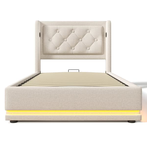 Yhden hengen sänky 90x200 cm – Säilytyssänky LEDillä ja USB-C:llä, beige kangas, patjalla