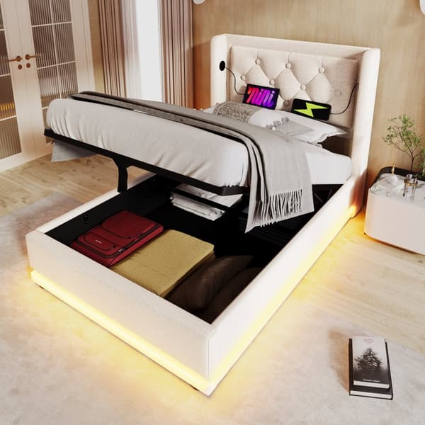 Enkeltseng 90x200 cm – Opbevaringsseng med LED og USB-C, beige stof, med madras